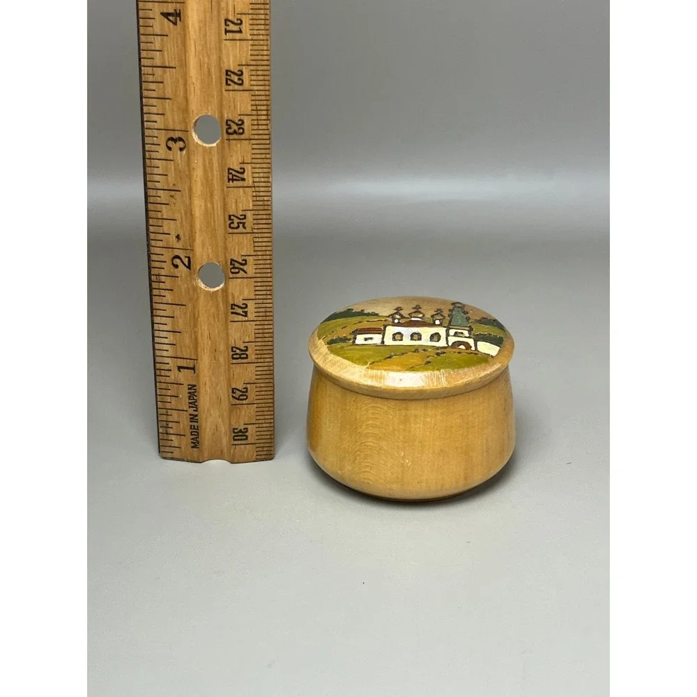 VTG USSR Wood Hand Painted Lidded Trinket Box 1.75